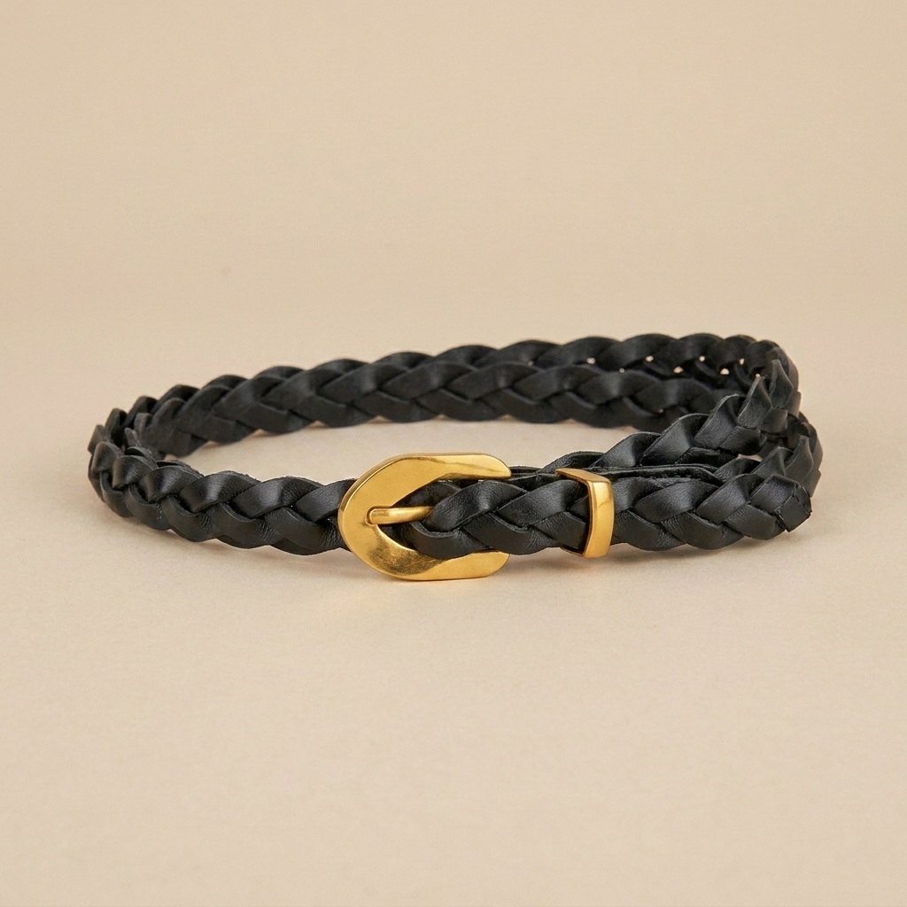 Ladies Braided Leather Belts - Slim Wrap Strap with Gold Pin Buckle