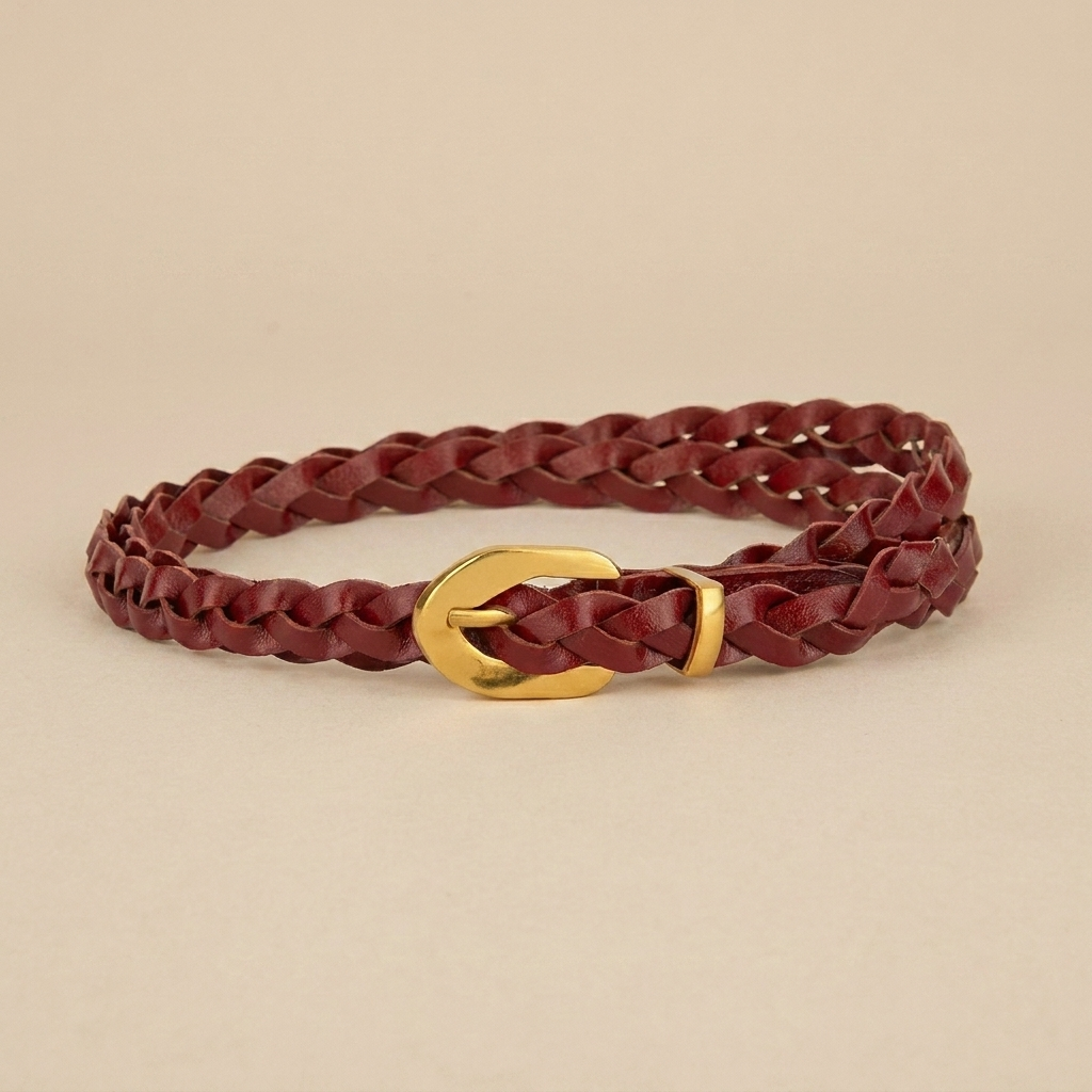 Ladies Braided Leather Belts - Slim Wrap Strap with Gold Pin Buckle