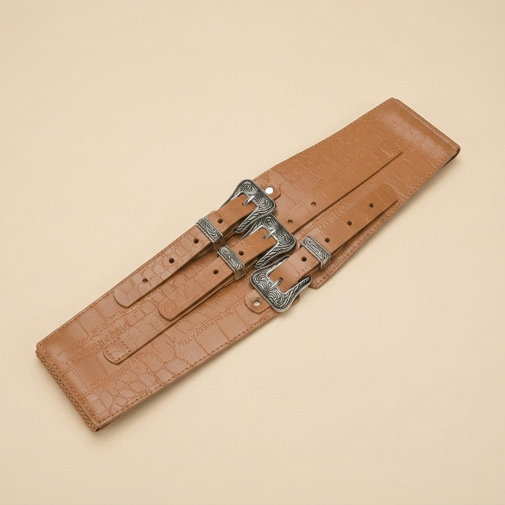 Ladies Wide Black Leather Belt - Crocodile Embossed Strap with Triple Silver Western Buckle