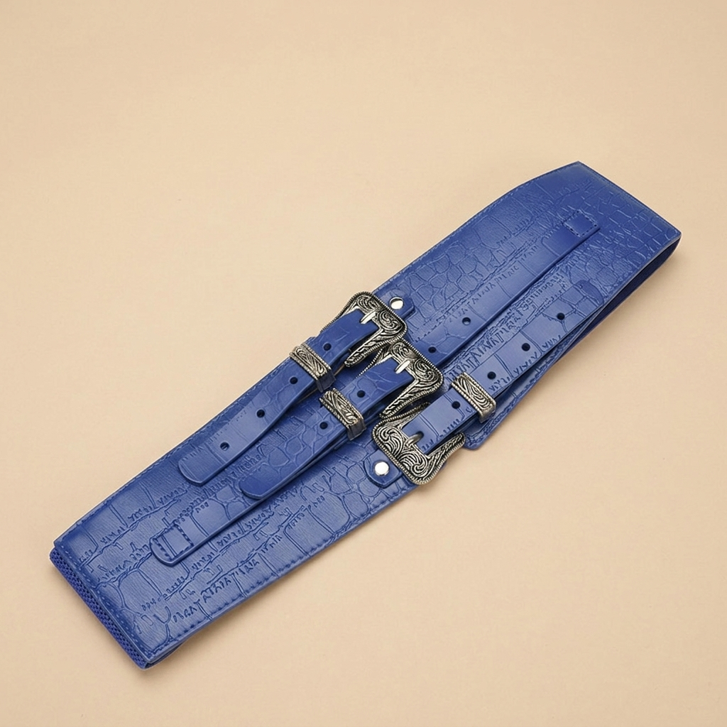 Ladies Wide Black Leather Belt - Crocodile Embossed Strap with Triple Silver Western Buckle