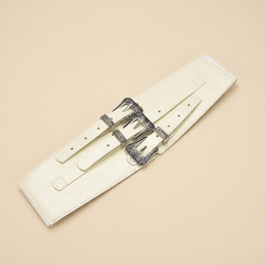 Ladies Wide Black Leather Belt - Crocodile Embossed Strap with Triple Silver Western Buckle