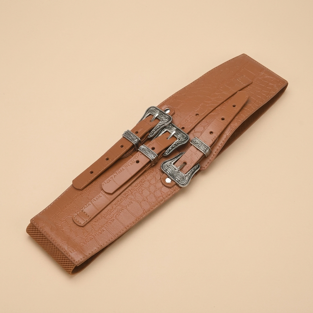 Ladies Wide Black Leather Belt - Crocodile Embossed Strap with Triple Silver Western Buckle