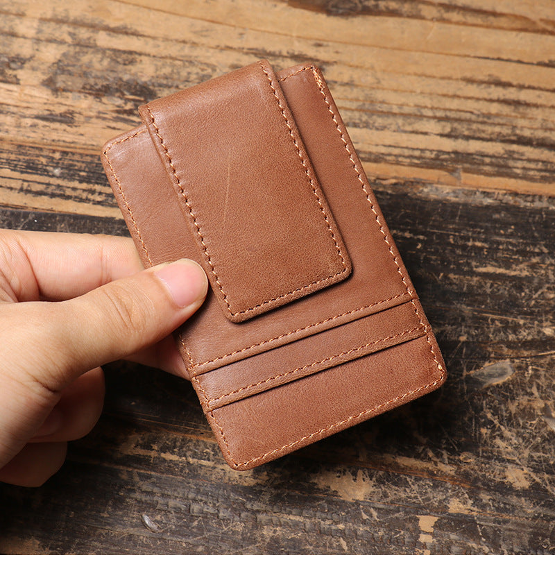 Leather Card Holder Money Clip-Slim Full Grain Leather-Black/Brown