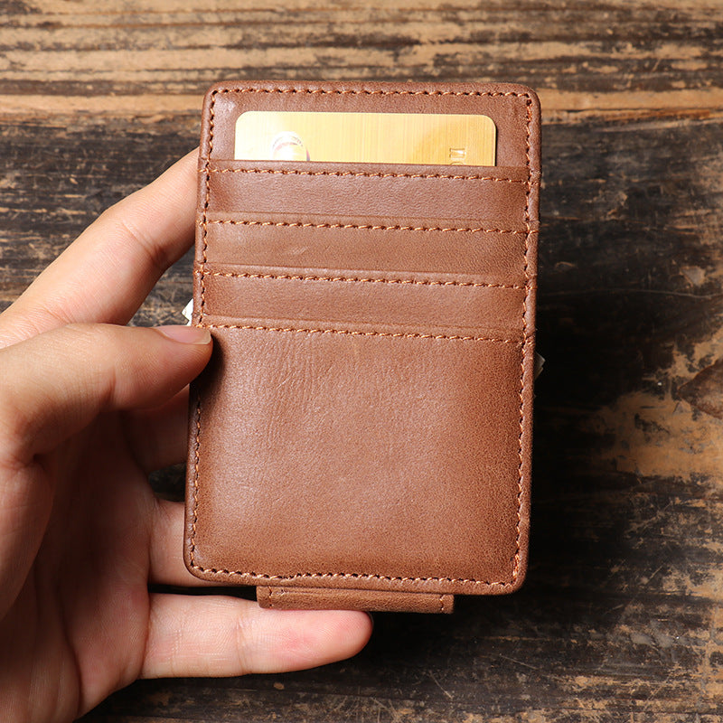 Leather Card Holder Money Clip-Slim Full Grain Leather-Black/Brown