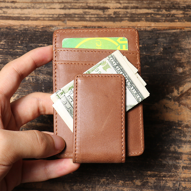 Leather Card Holder Money Clip-Slim Full Grain Leather-Black/Brown