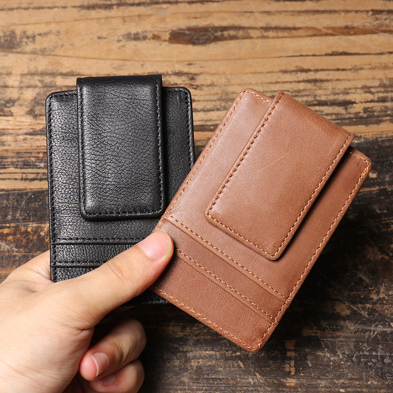 Leather Card Holder Money Clip-Slim Full Grain Leather-Black/Brown