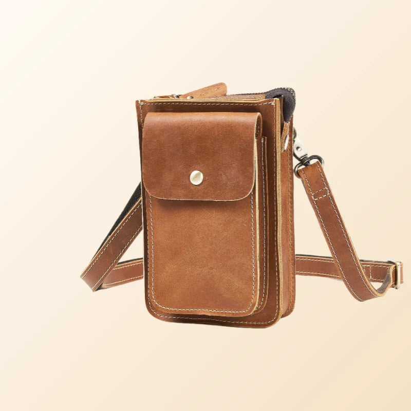 Men's Crossbody Phone Bag-Rugged Crazy Horse Leather-Coffee/Brown