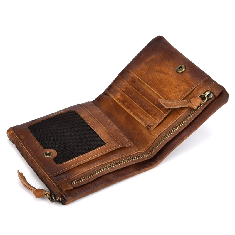 Men’s Leather Bifold Wallet-Smooth Top Grain-Retro Design-Brown