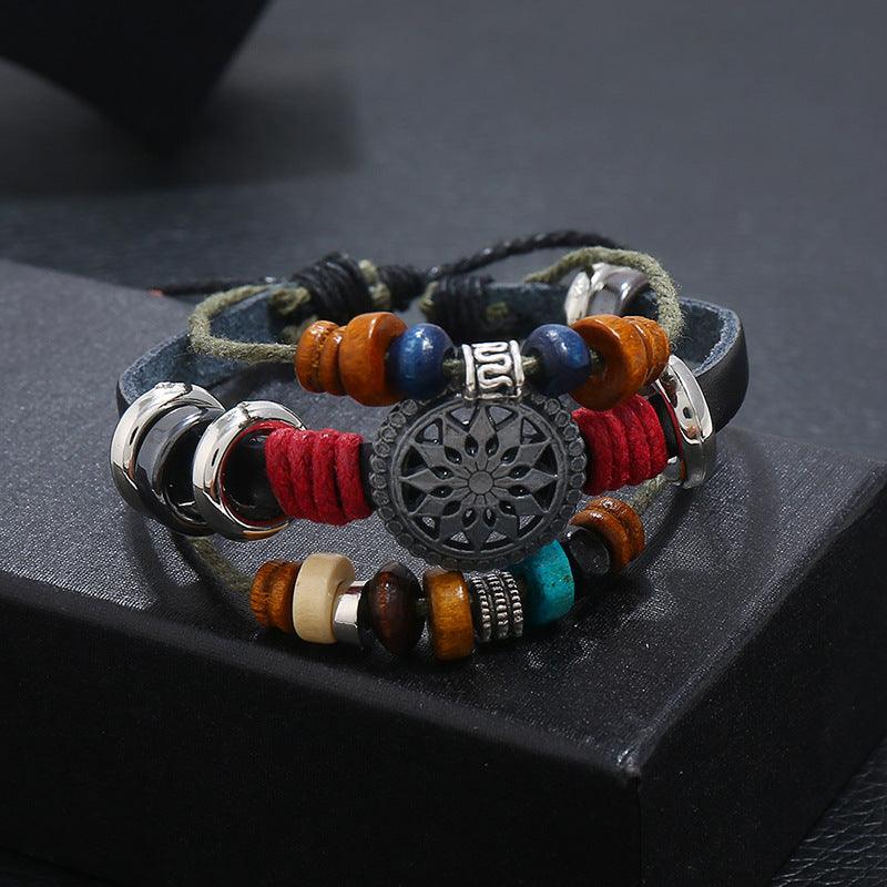 Men’s Leather Bracelet-Eternal Wheel-Black Brown White-Men’s Gift