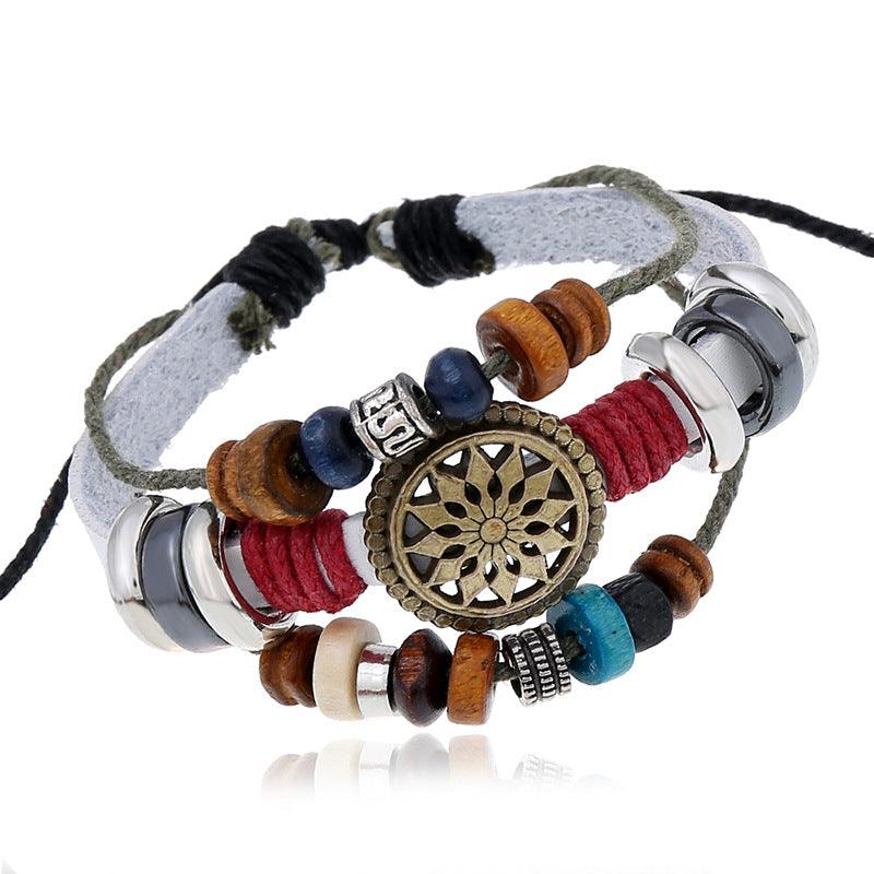 Men’s Leather Bracelet-Eternal Wheel-Black Brown White-Men’s Gift