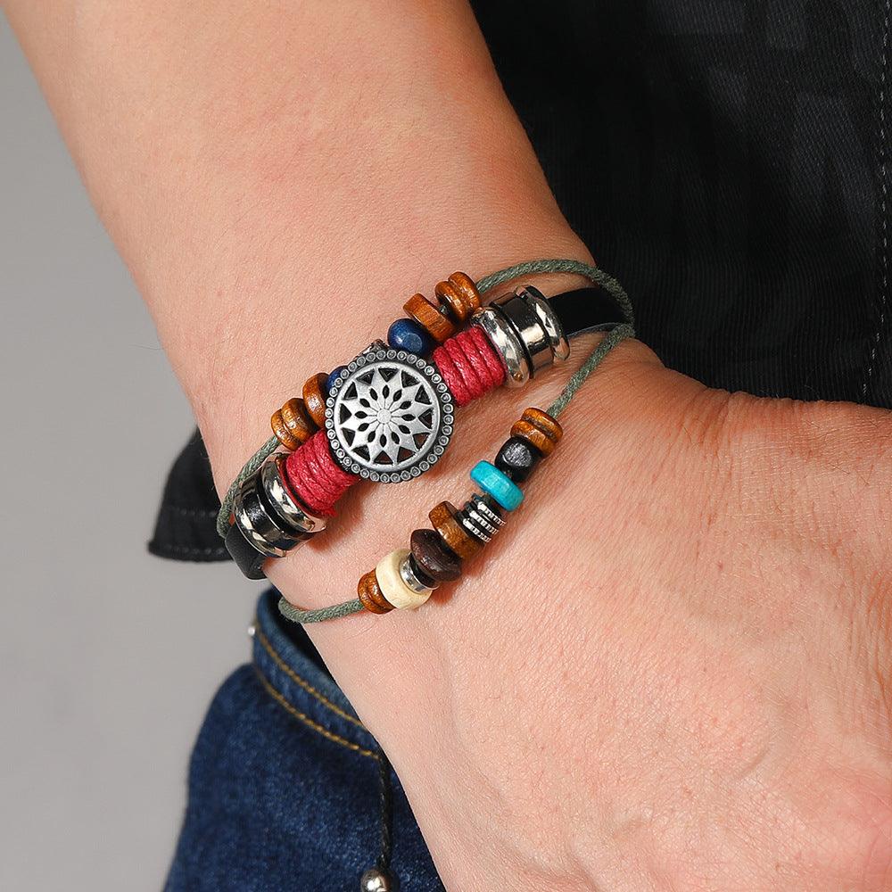 Men’s Leather Bracelet-Eternal Wheel-Black Brown White-Men’s Gift