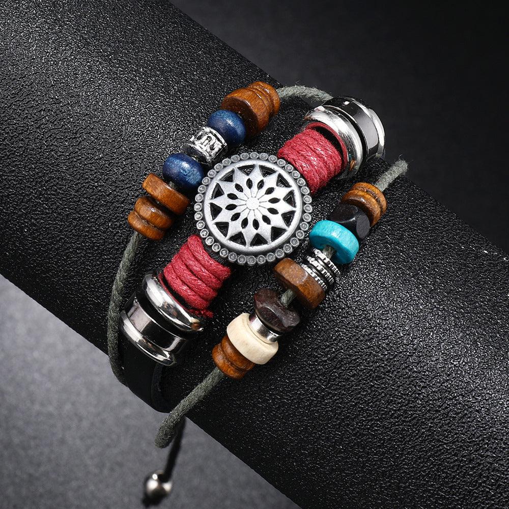 Men’s Leather Bracelet-Eternal Wheel-Black Brown White-Men’s Gift