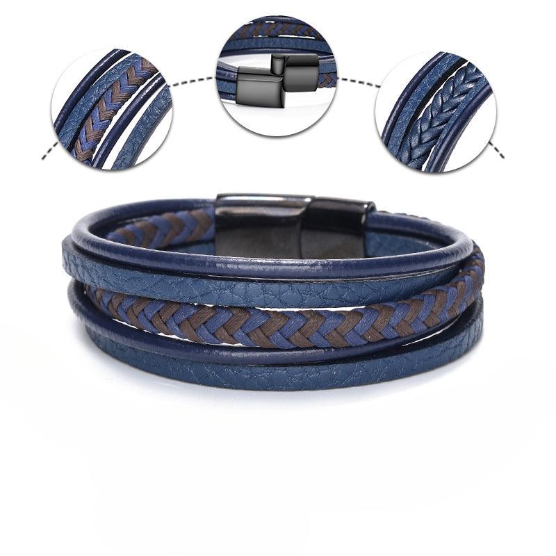 Men’s Leather Bracelet-Genuine Leather-Blue & Brown-Fashion Men’s Gift