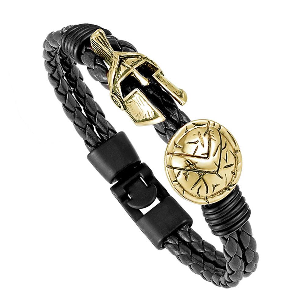 Men’s Leather Bracelet-Spartan Helmet-Golden-Warrior Themed-Men’s Gift