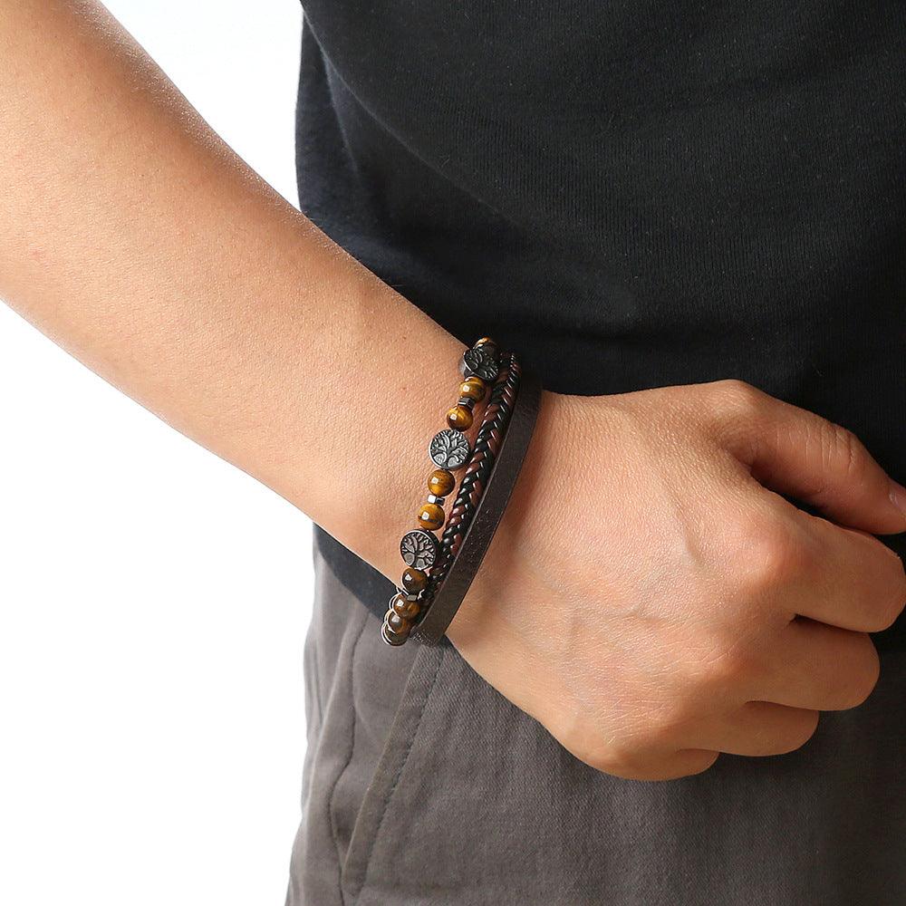 Men’s Leather Bracelet-Tree of Life-Obsidian,Lava-Natural Jewelry