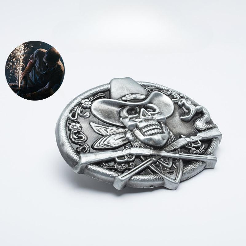 Men’s Western Cowboy Belt-Aged Buckle with Gun and Skull-Men’s Gift