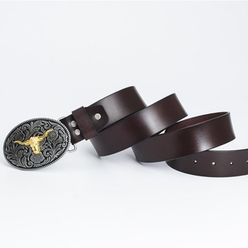 Men’s Western Cowboy Belt-Golden Buckle Belt-Bull Charm-Men’s gift