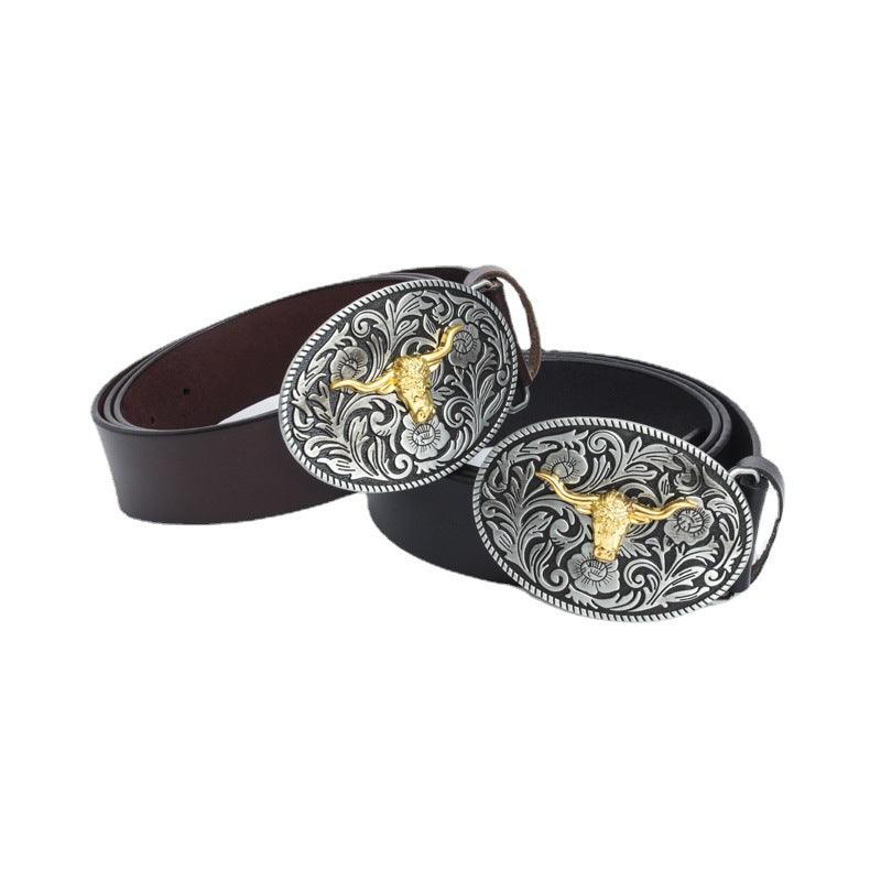 Men’s Western Cowboy Belt-Golden Buckle Belt-Bull Charm-Men’s gift