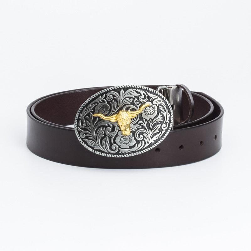 Men’s Western Cowboy Belt-Golden Buckle Belt-Bull Charm-Men’s gift