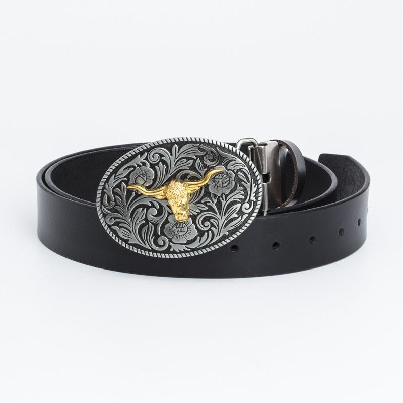 Men’s Western Cowboy Belt-Golden Buckle Belt-Bull Charm-Men’s gift