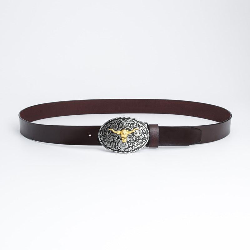 Men’s Western Cowboy Belt-Golden Buckle Belt-Bull Charm-Men’s gift