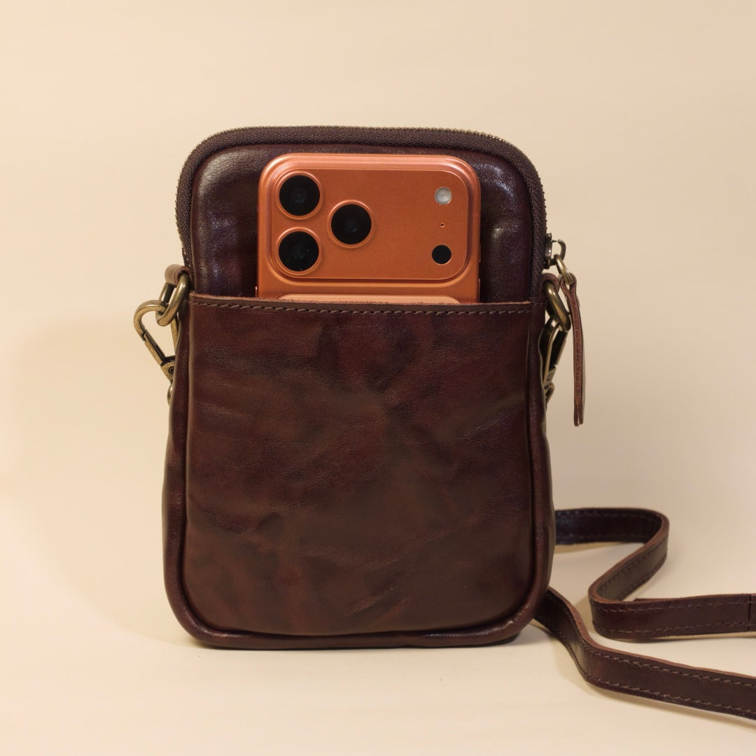 Phone Bag for Men-Full-Grain Leather-Waxed Distressed Finish
