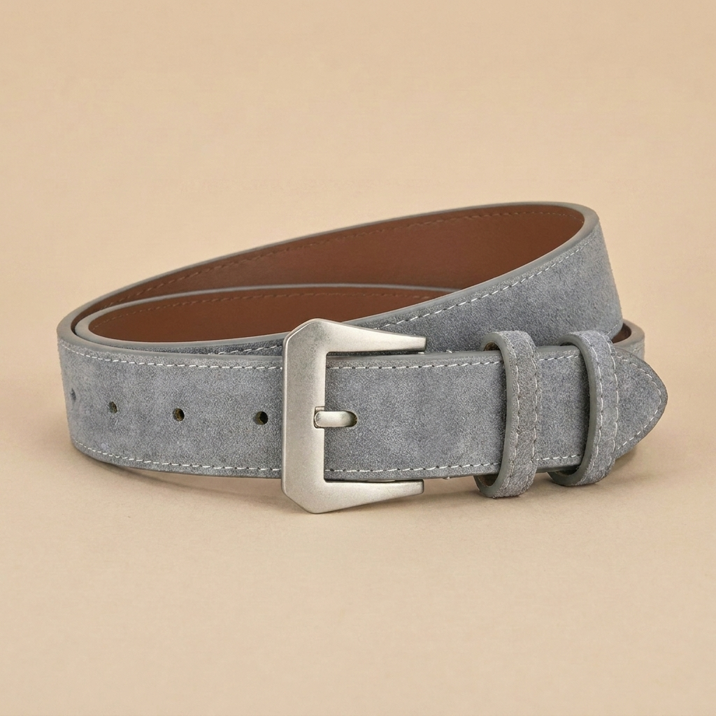 Western Belt Women's - Suede Leather with Angular Silver Buckle