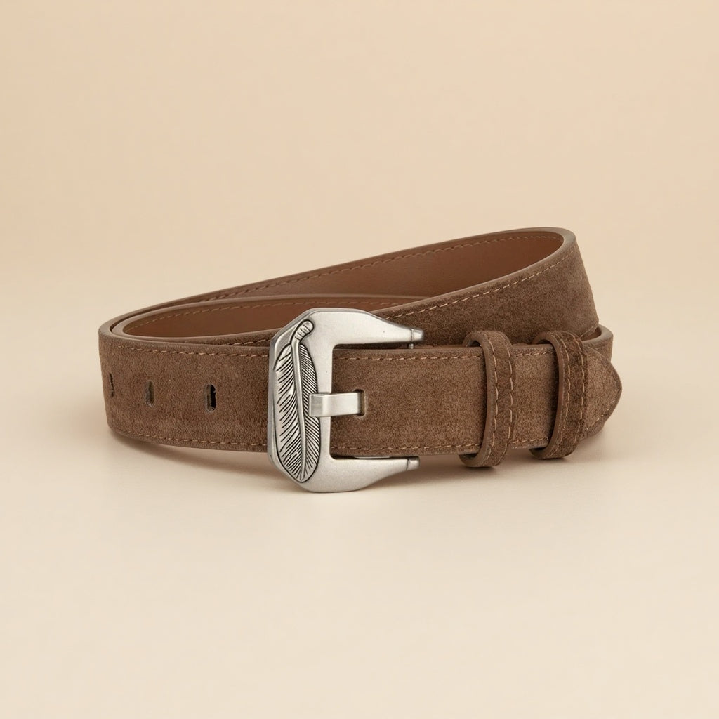 Western Belt Women's - Suede Leather with Feather Western Buckle
