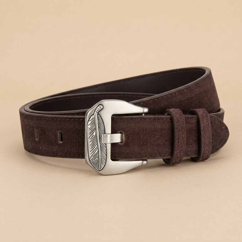 Western Belt Women's - Suede Leather with Feather Western Buckle