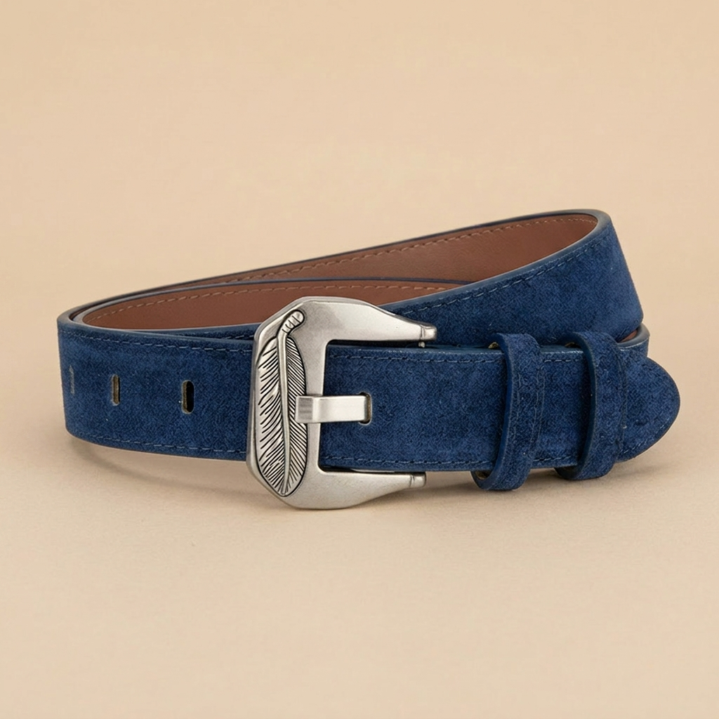 Western Belt Women's - Suede Leather with Feather Western Buckle