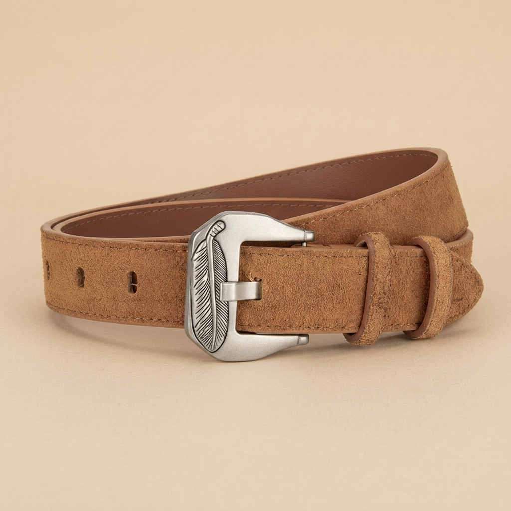 Western Belt Women's - Suede Leather with Feather Western Buckle