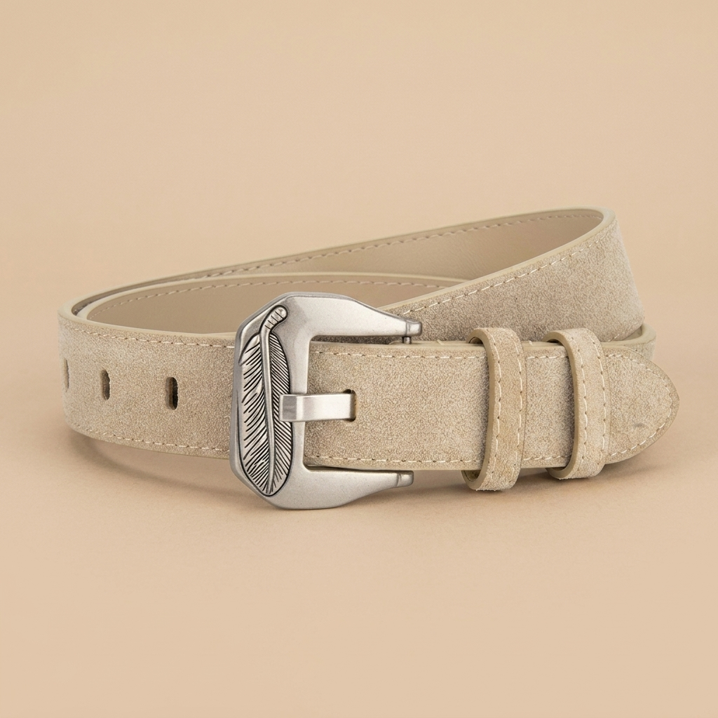 Western Belt Women's - Suede Leather with Feather Western Buckle