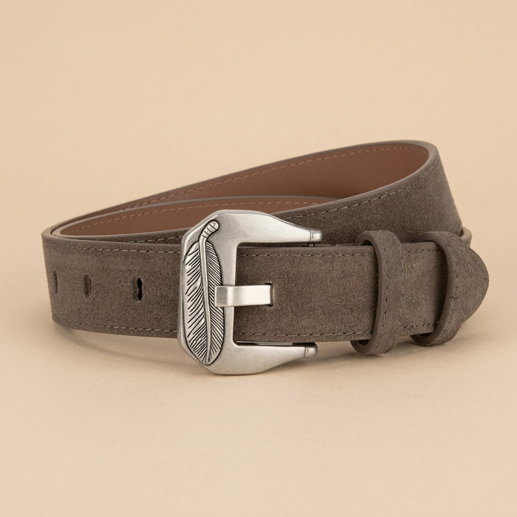 Western Belt Women's - Suede Leather with Feather Western Buckle