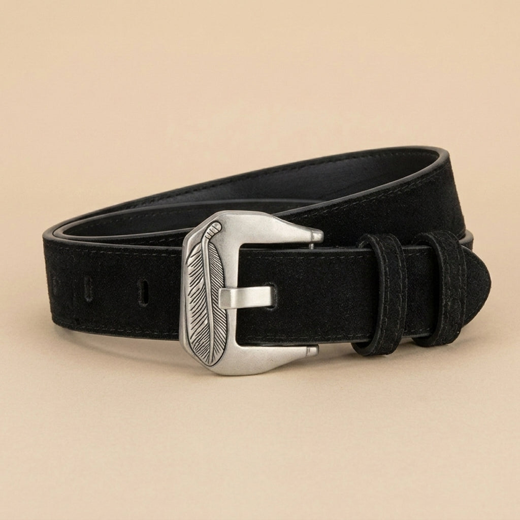 Western Belt Women's - Suede Leather with Feather Western Buckle