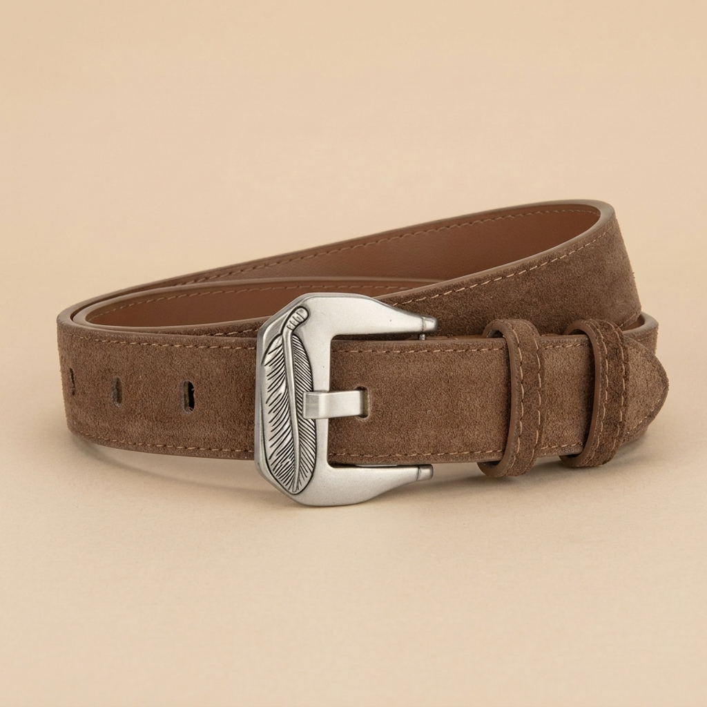 Western Belt Women's - Suede Leather with Feather Western Buckle