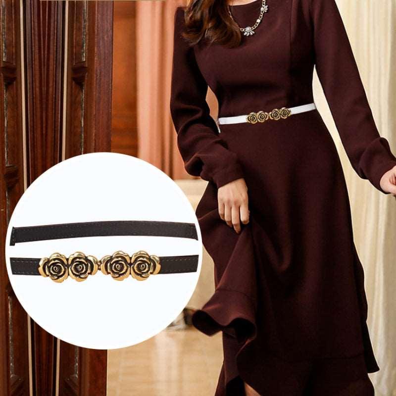 Women’s Belt for Dresses-Trendy Belt-Golden Flower Buckle-Women’s Gift