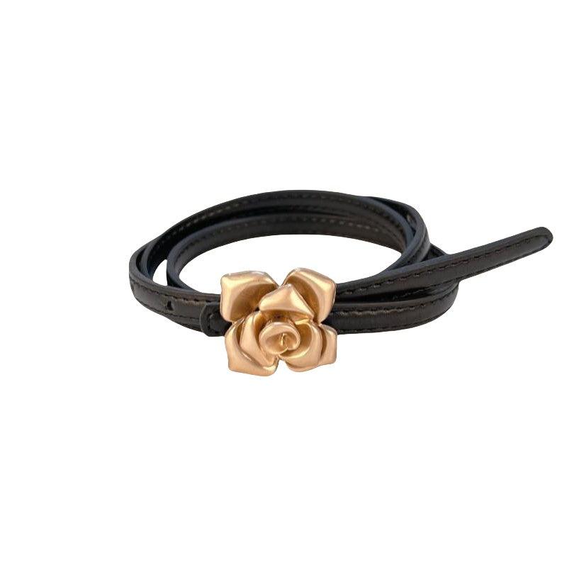 Women’s Leather Belt for Dresses-Floral Buckle-Golden Belt