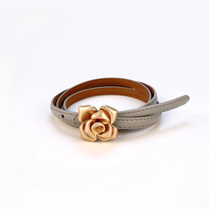Women’s Leather Belt for Dresses-Floral Buckle-Golden Belt