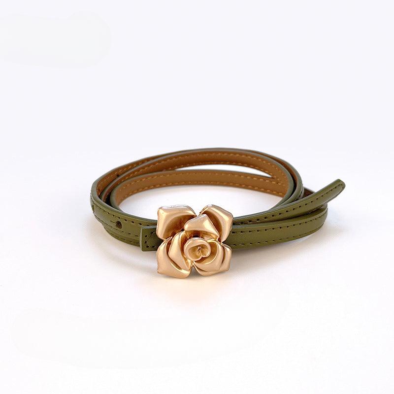 Women’s Leather Belt for Dresses-Floral Buckle-Golden Belt