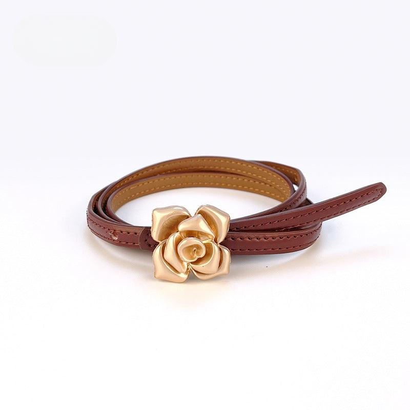 Women’s Leather Belt for Dresses-Floral Buckle-Golden Belt