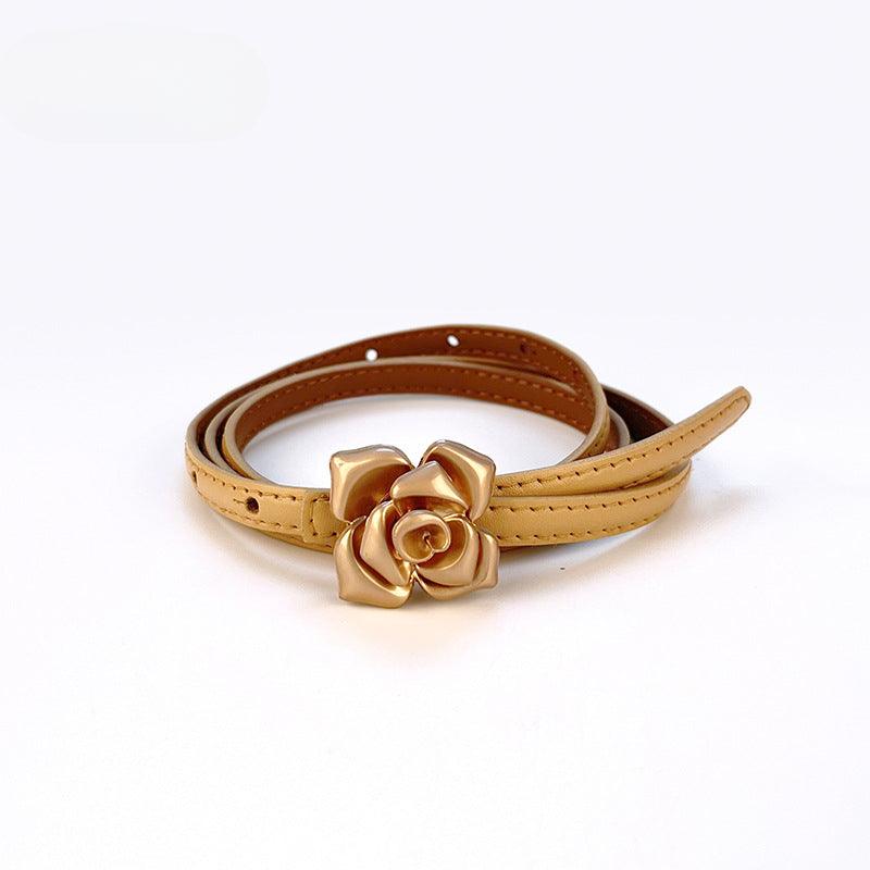 Women’s Leather Belt for Dresses-Floral Buckle-Golden Belt
