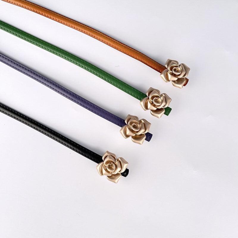 Women’s Leather Belt for Dresses-Floral Buckle-Golden Belt