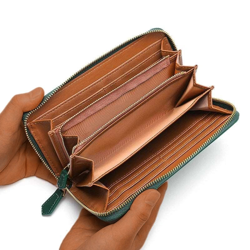 Women’s Leather Wallet-Soft & Long Wallet-BLue/Yellow/Blue/Green