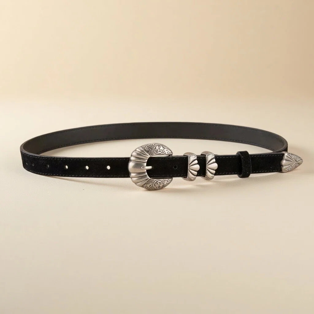 Women's Western Belt - Suede Leather with Shell-Shape Silver Buckle