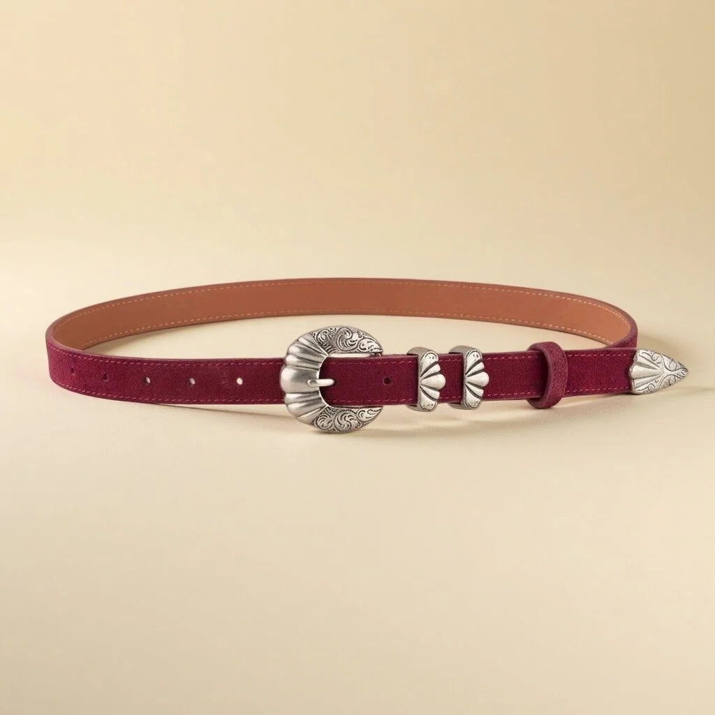 Women's Western Belt - Suede Leather with Shell-Shape Silver Buckle