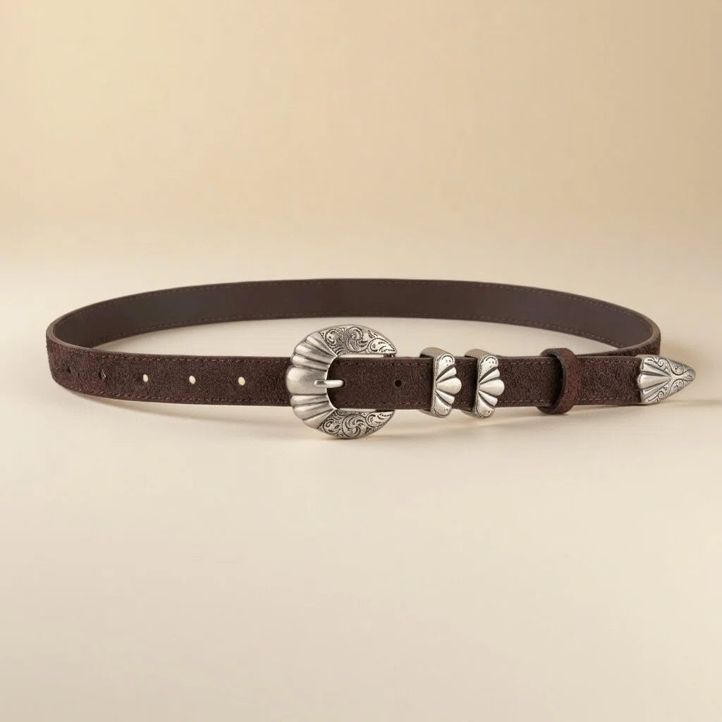 Women's Western Belt - Suede Leather with Shell-Shape Silver Buckle