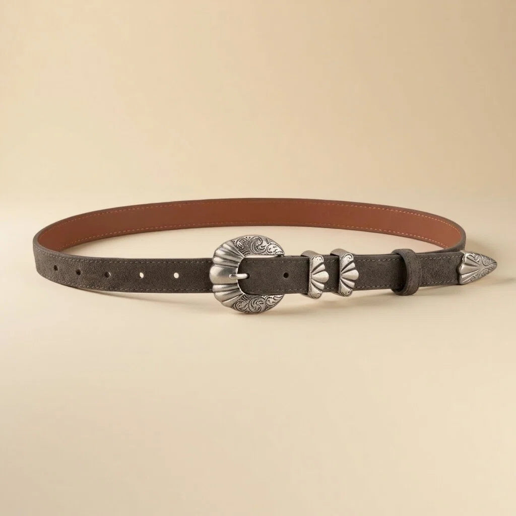 Women's Western Belt - Suede Leather with Shell-Shape Silver Buckle