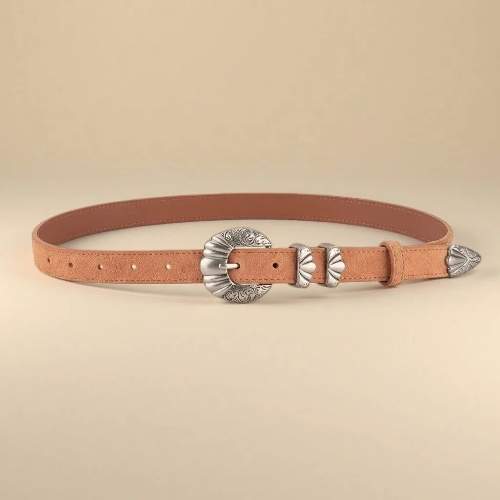 Women's Western Belt - Suede Leather with Shell-Shape Silver Buckle