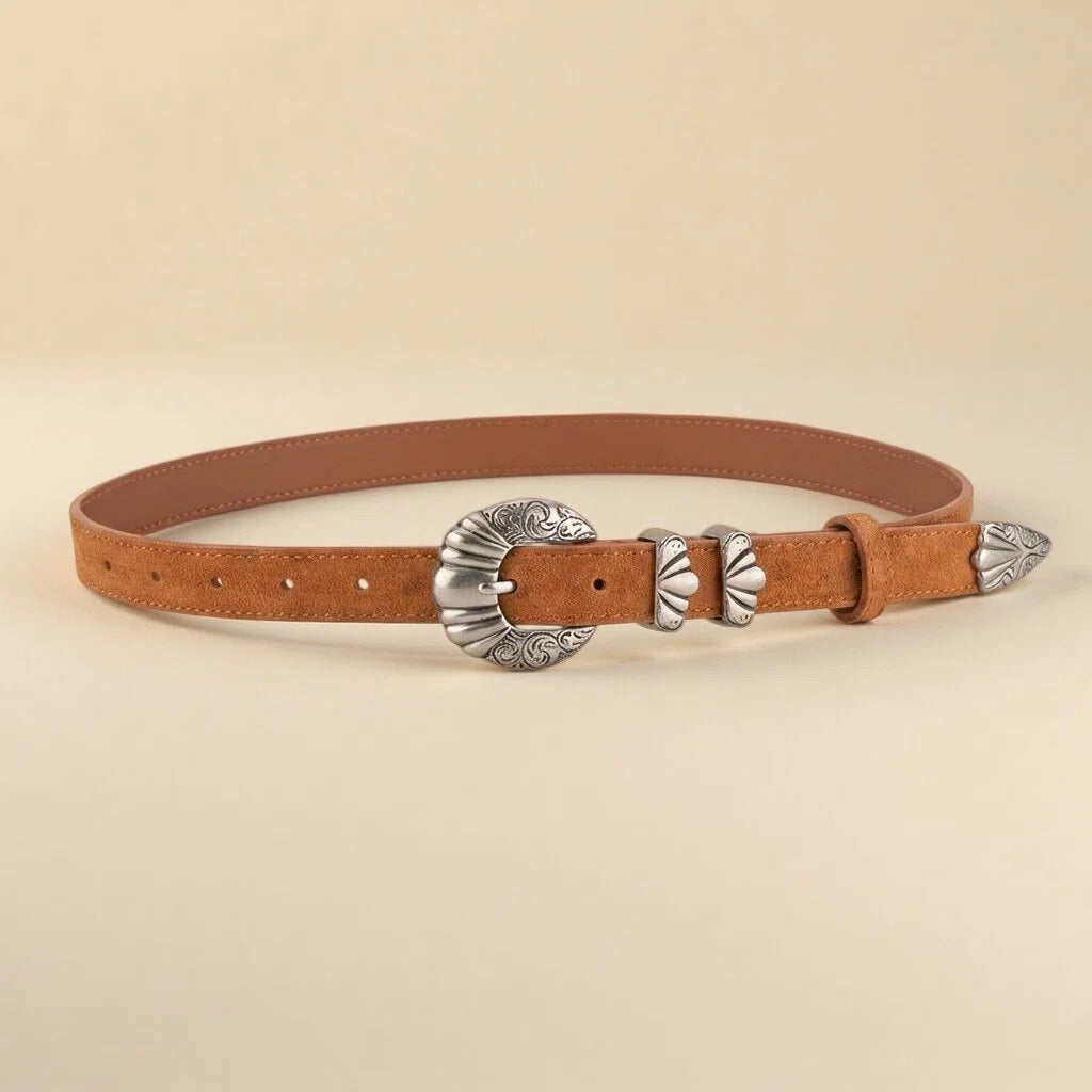 Women's Western Belt - Suede Leather with Shell-Shape Silver Buckle
