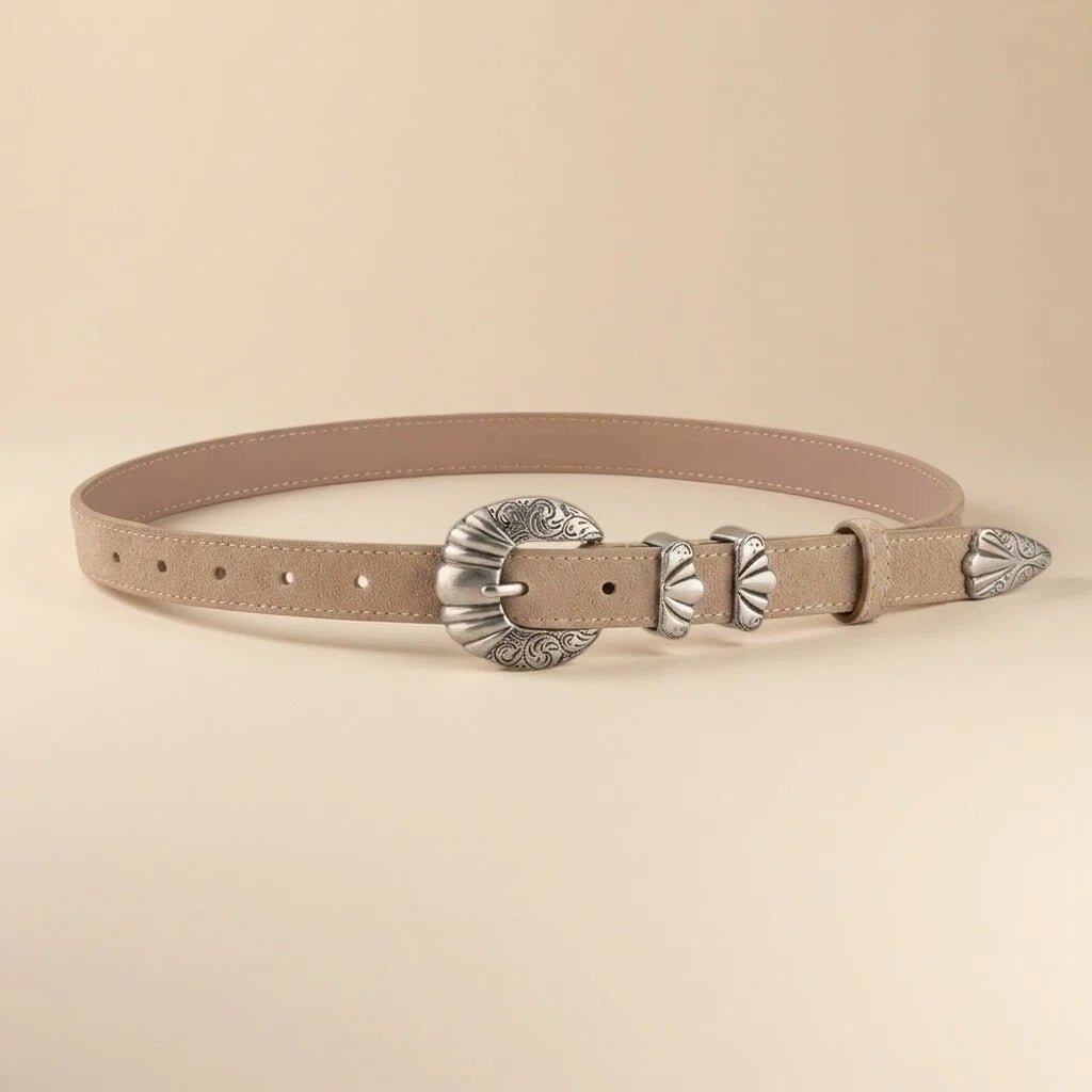 Women's Western Belt - Suede Leather with Shell-Shape Silver Buckle
